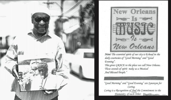 Left: Jerome Smith standing near the Tremé Community Center where he was direc- tor for many years. He is holding a picture of himself playing at Uncle Lionel Batiste’s jazz funeral with young musicians. Photograph by Bruce Sunpie Barnes. Right: Curriculum from Tam- bourine and Fan situates music as part of social relationships in New Orleans. Image courtesy of Jerome Smith.