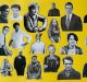 Collage image of black and white portraits on a yellow background