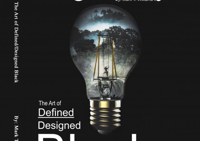 Cover of the book Bright Boy; The Art of Defined/Designed Black, with graphic of a light bulb through which we view a boy swinging on a swingset