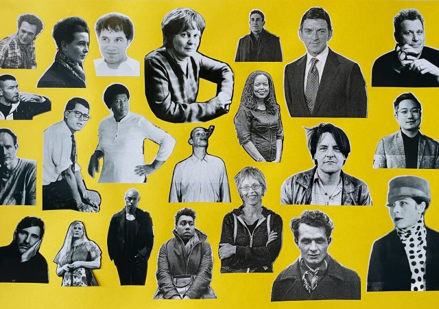 Collage image of black and white portraits on a yellow background